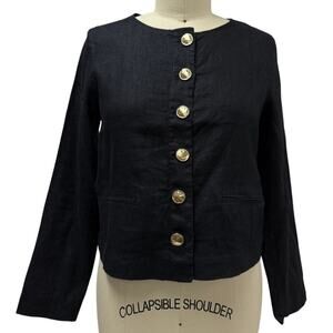 NEW H Halston black linen Cropped jacket Womens M Fab Gold Buttons